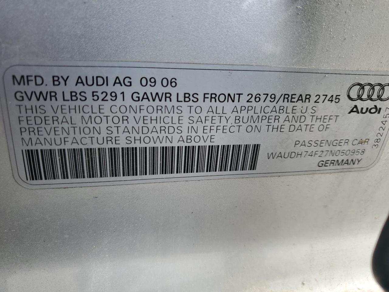 2007 Audi A6 3.2 Quattro VIN: WAUDH74F27N050958 Lot: 86184325