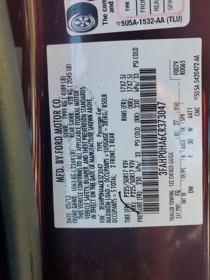 2012 Ford Fusion Se VIN: 3FAHP0HA6CR373047 Lot: 81943835