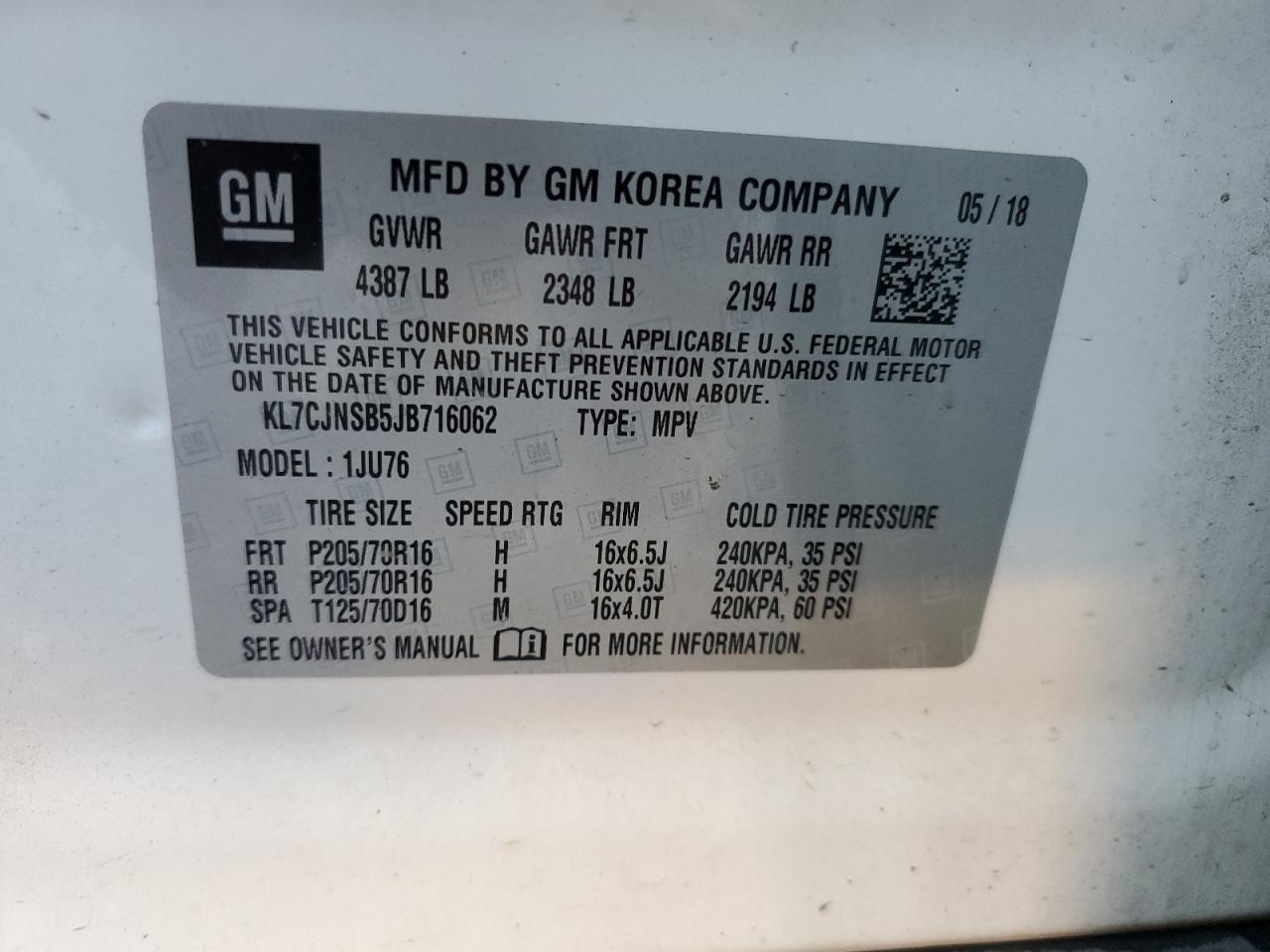 2018 Chevrolet Trax Ls VIN: KL7CJNSB5JB716062 Lot: 87374615