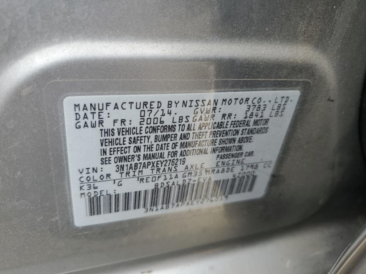 2014 Nissan Sentra S VIN: 3N1AB7APXEY276219 Lot: 85745165