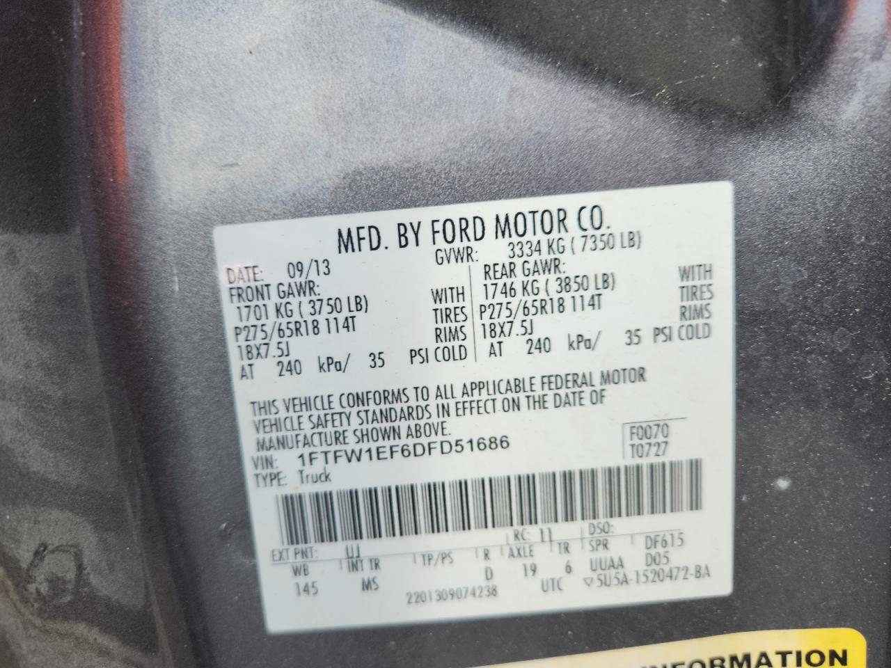 2013 Ford F150 Supercrew VIN: 1FTFW1EF6DFD51686 Lot: 84772015