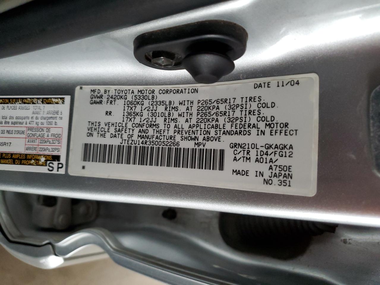 2005 Toyota 4Runner Sr5 VIN: JTEZU14R350052266 Lot: 85854825