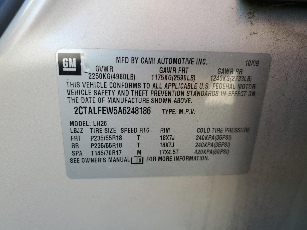 2010 GMC Terrain Slt VIN: 2CTALFEW5A6248186 Lot: 86659905