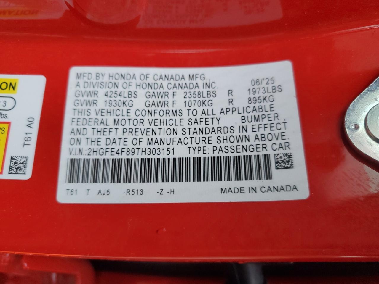 2026 Honda Civic Sport VIN: 2HGFE4F89TH303151 Lot: 86133145