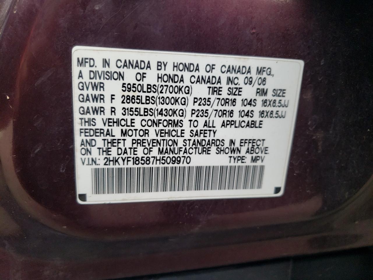 2007 Honda Pilot Exl VIN: 2HKYF18587H509970 Lot: 90806555