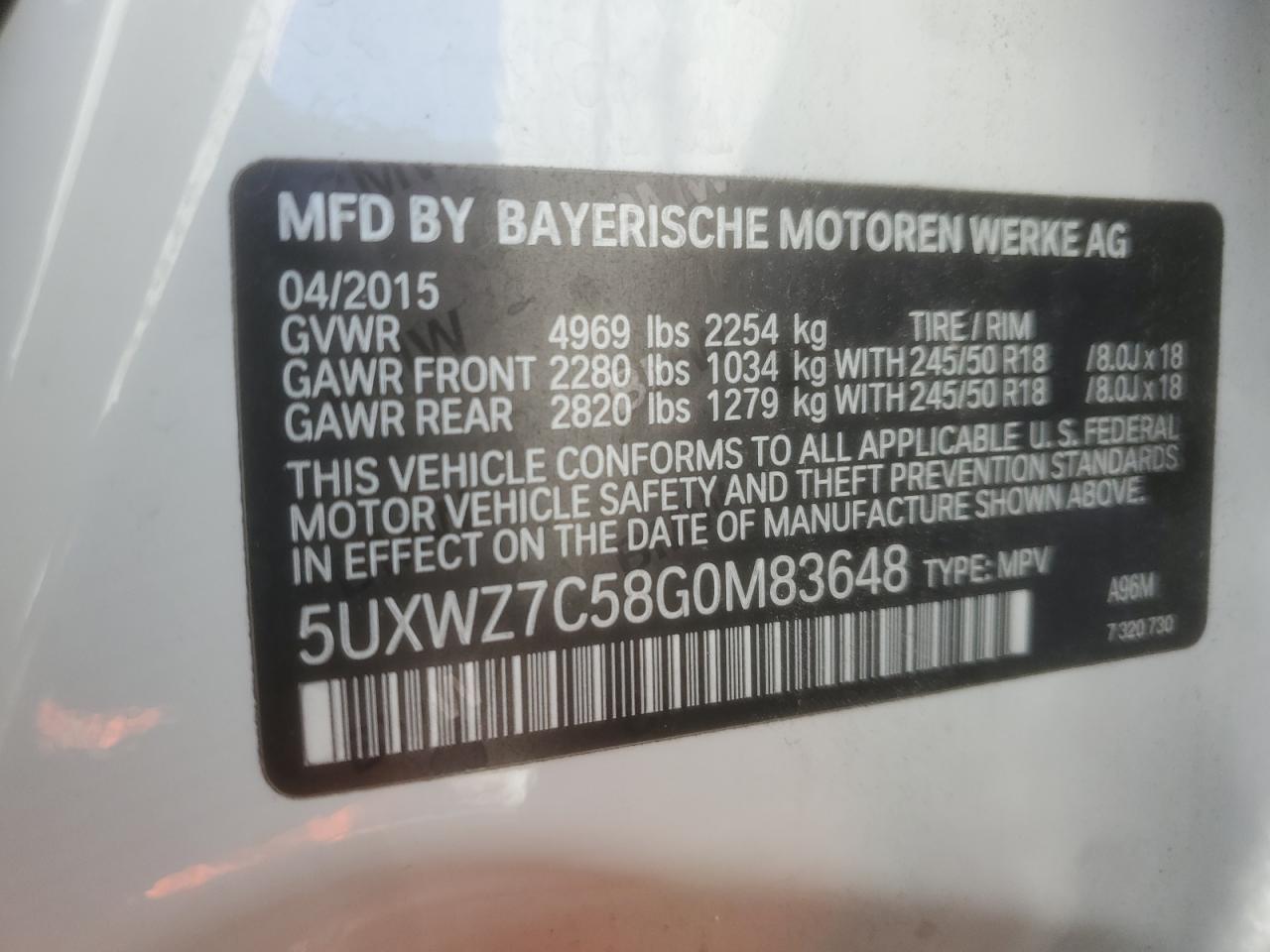 2016 BMW X3 Sdrive28I VIN: 5UXWZ7C58G0M83648 Lot: 81841395