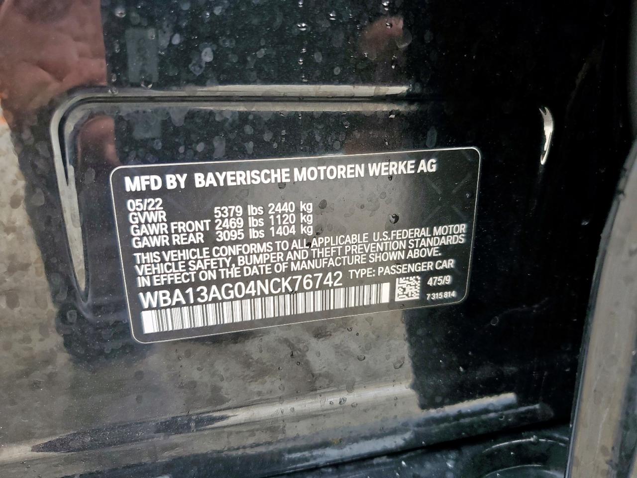 2022 BMW 530E VIN: WBA13AG04NCK76742 Lot: 82485035