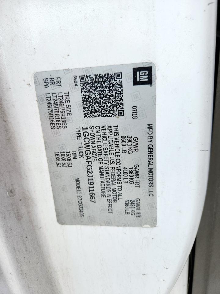 2018 Chevrolet Express G2500 VIN: 1GCWGAFG2J1911667 Lot: 85368765