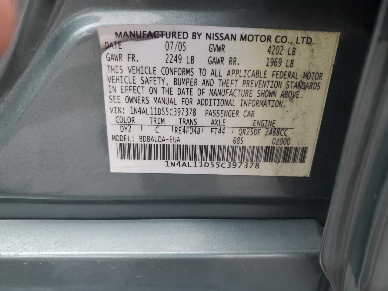 2005 Nissan Altima S VIN: 1N4AL11D55C397378 Lot: 90413055