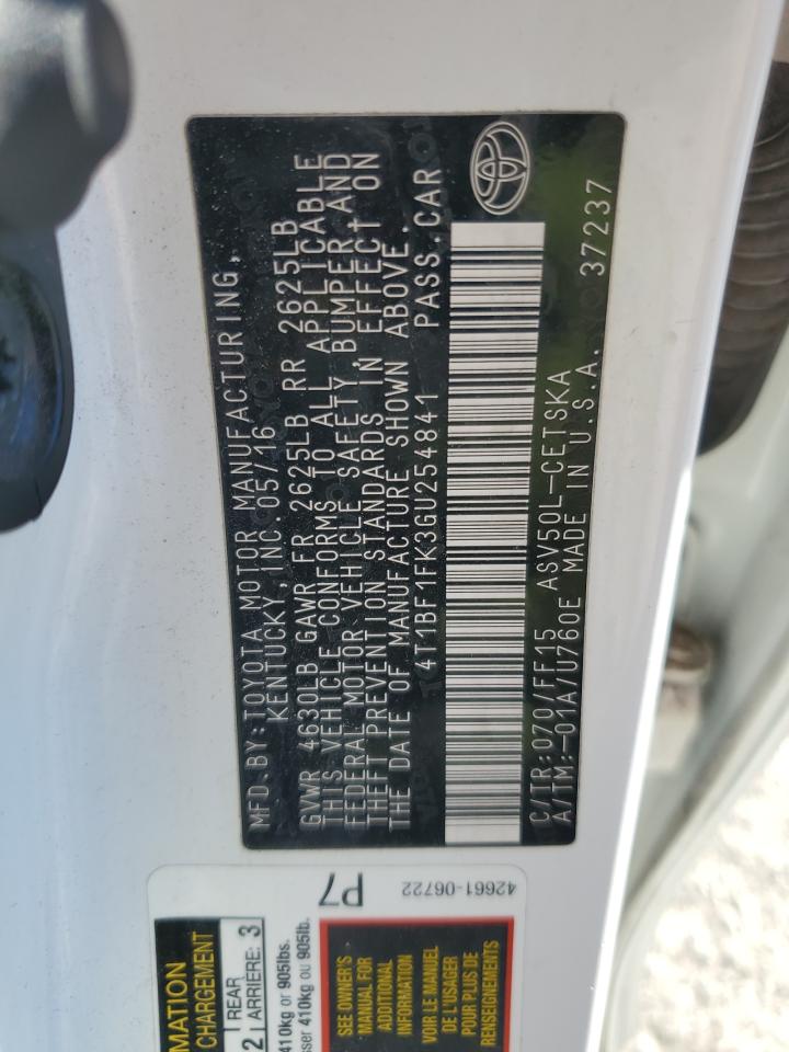 2016 Toyota Camry Le VIN: 4T1BF1FK3GU254841 Lot: 84932025