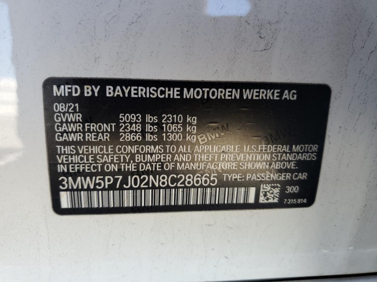2022 BMW 330E VIN: 3MW5P7J02N8C28665 Lot: 89706805