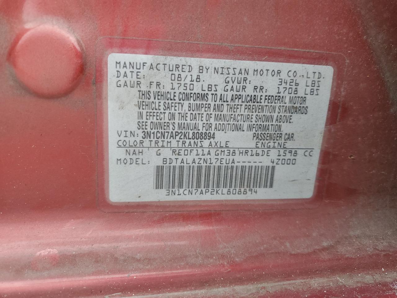 2019 Nissan Versa S VIN: 3N1CN7AP2KL808894 Lot: 82249515