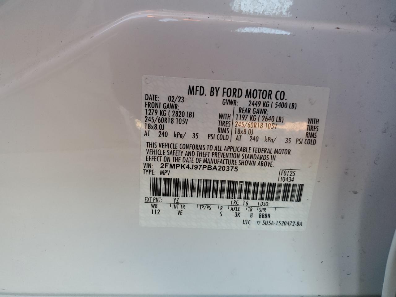 2023 Ford Edge Sel VIN: 2FMPK4J97PBA20375 Lot: 90575905