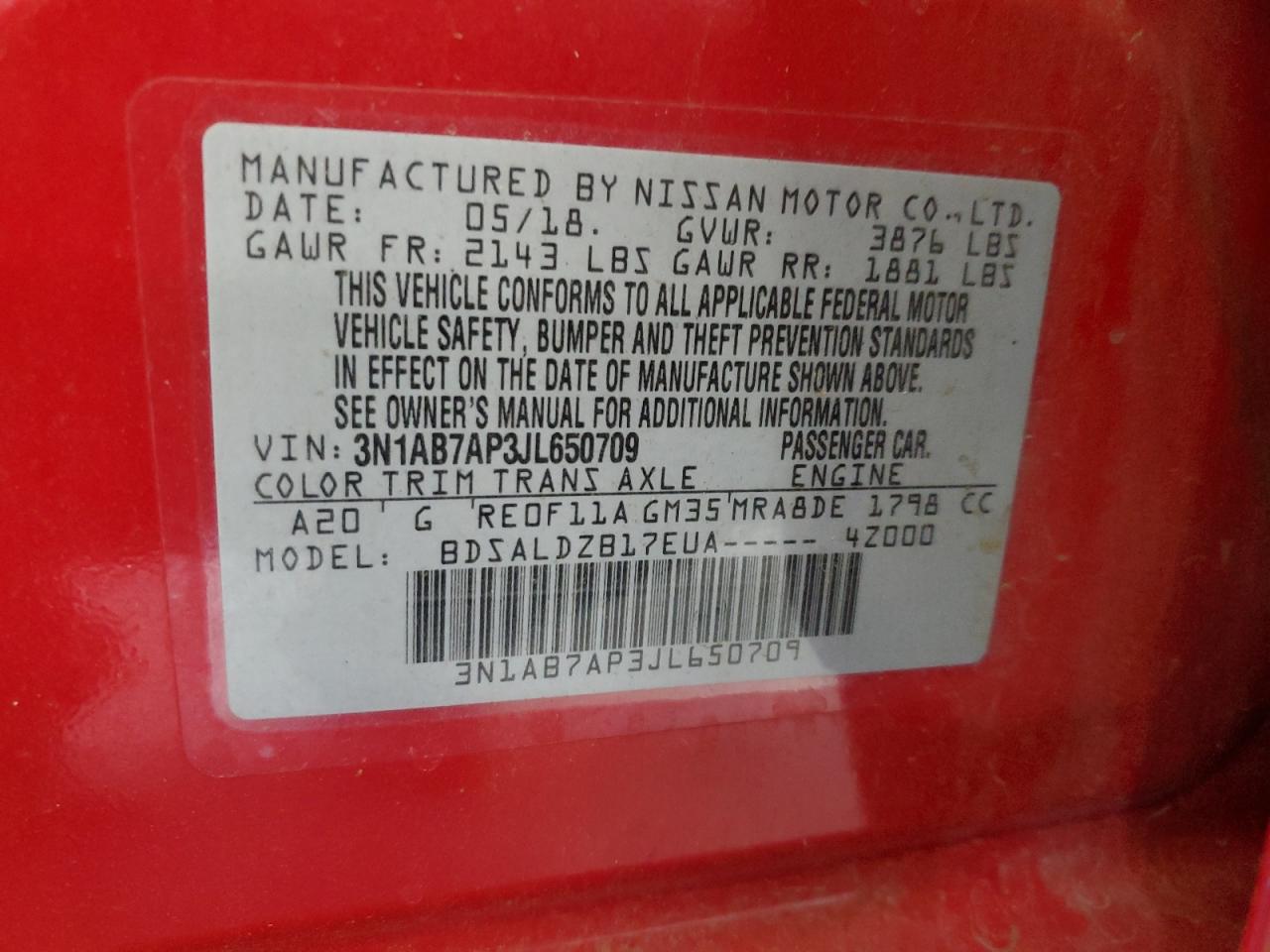 2018 Nissan Sentra S VIN: 3N1AB7AP3JL650709 Lot: 84285865