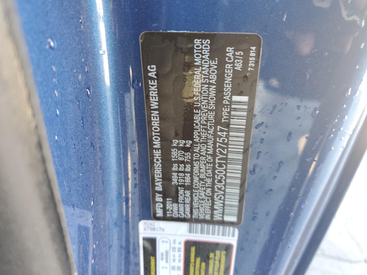 2012 Mini Cooper S VIN: WMWSV3C50CTY27547 Lot: 84396785