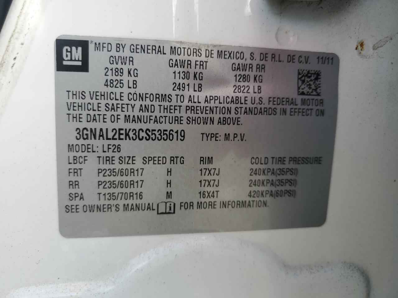 2012 Chevrolet Captiva Sport VIN: 3GNAL2EK3CS535619 Lot: 85341325