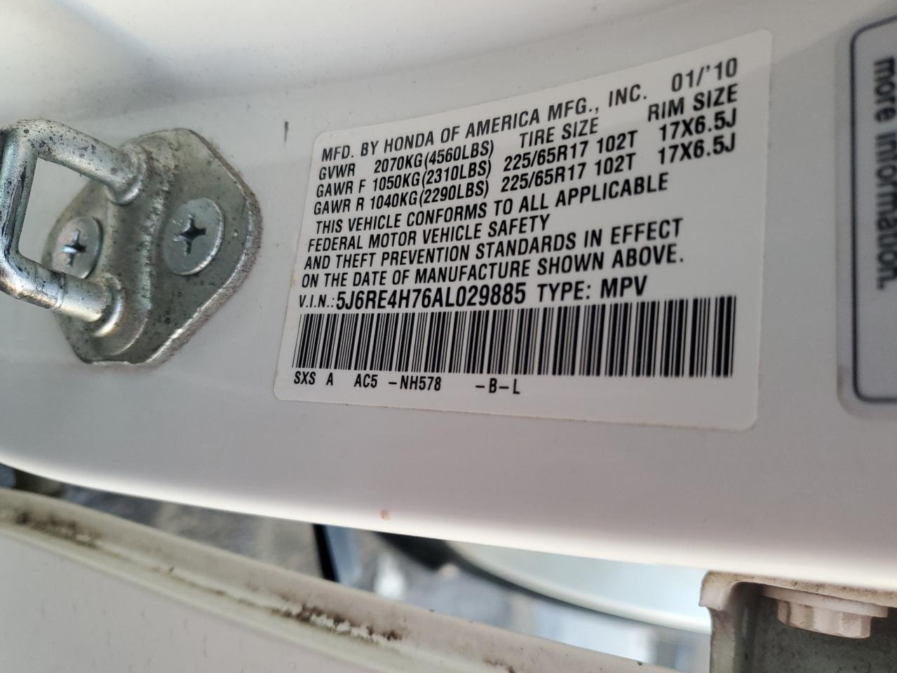 2010 Honda Cr-V Exl VIN: 5J6RE4H76AL029885 Lot: 90575725