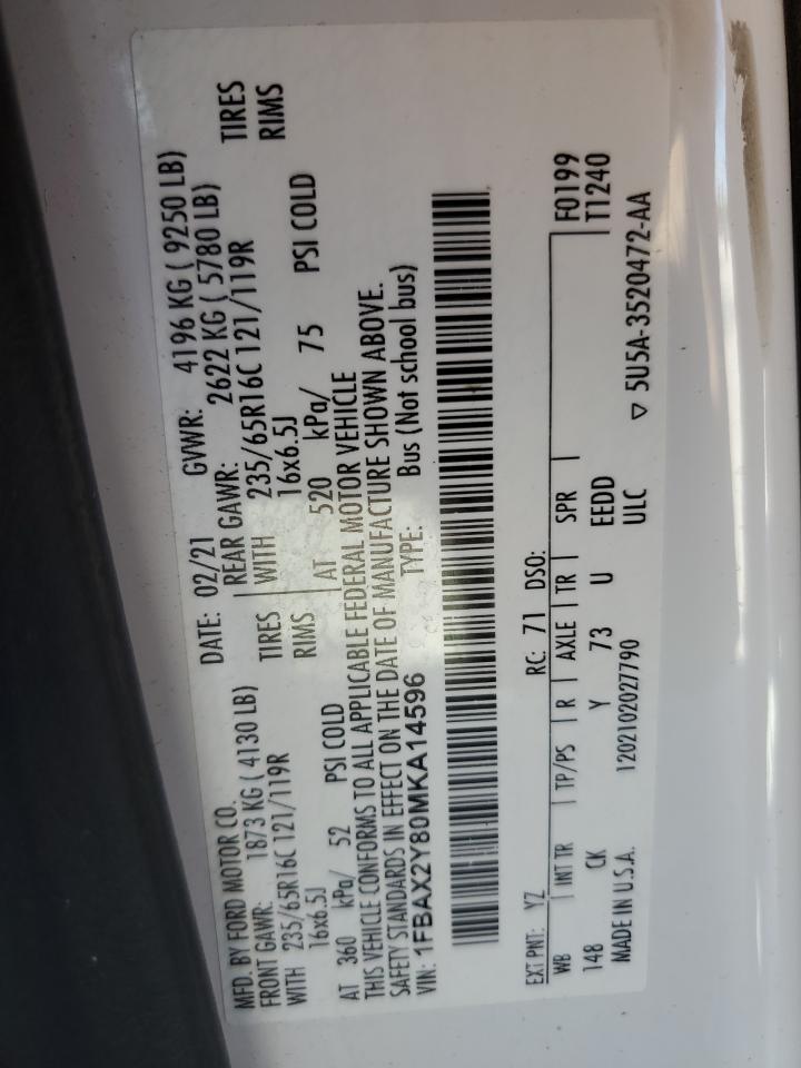 2021 Ford Transit T-350 VIN: 1FBAX2Y80MKA14596 Lot: 82626695