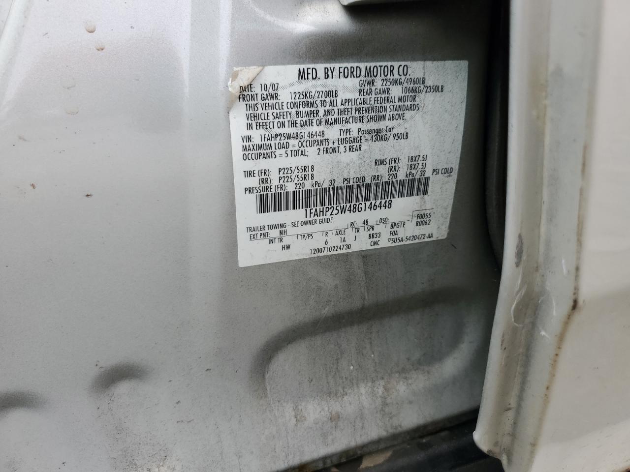 2008 Ford Taurus Limited VIN: 1FAHP25W48G146448 Lot: 82202925