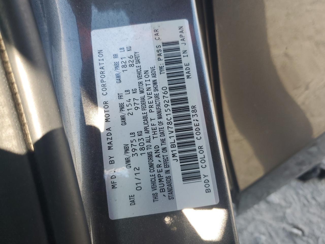 2012 Mazda 3 I VIN: JM1BL1V78C1592760 Lot: 86444635