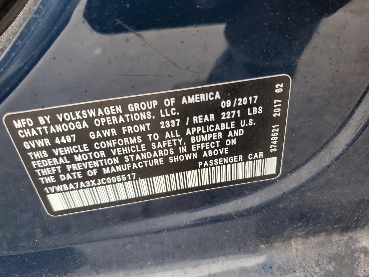 2018 Volkswagen Passat Se VIN: 1VWBA7A3XJC005517 Lot: 85906885