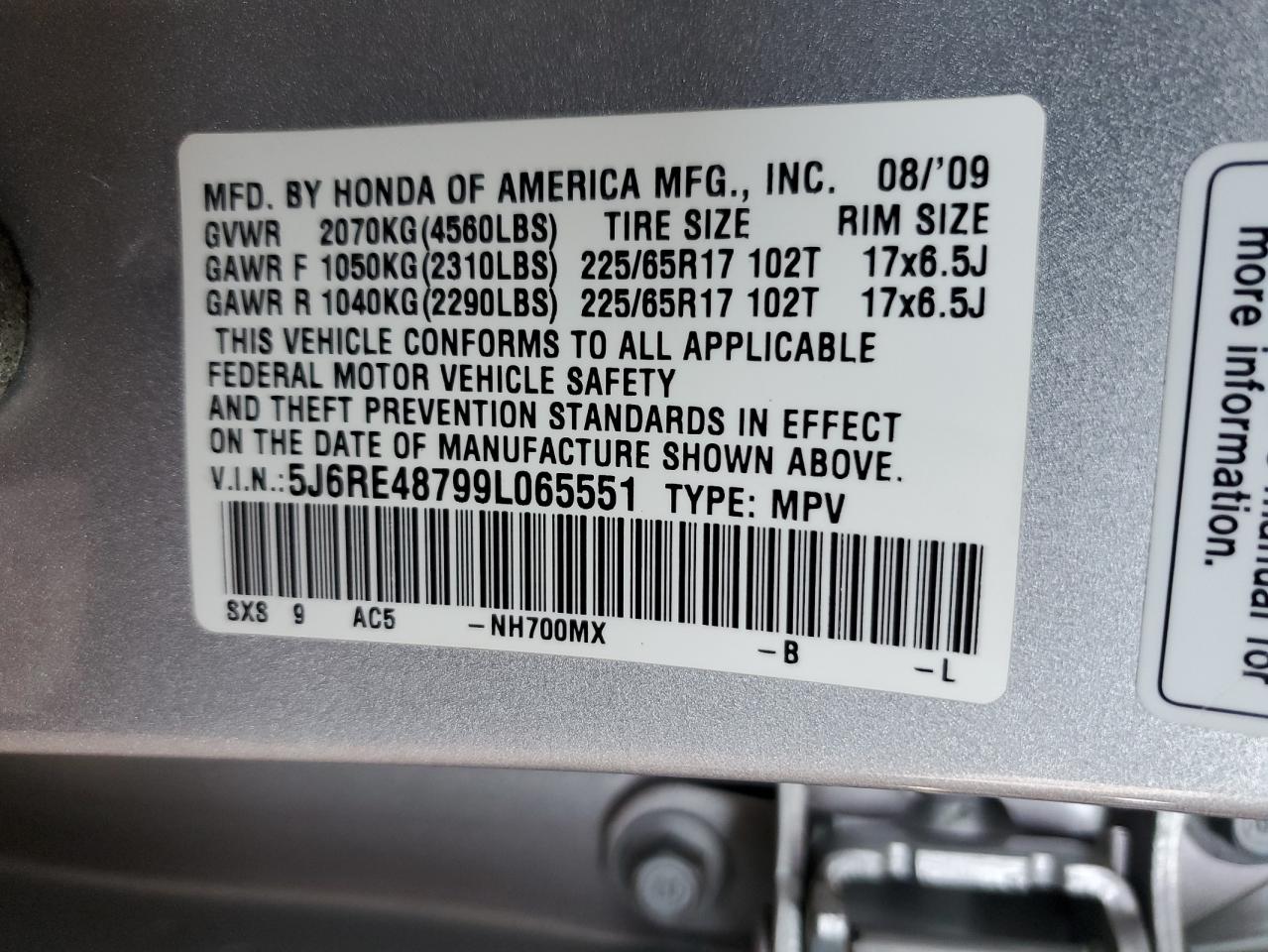 2009 Honda Cr-V Exl VIN: 5J6RE48799L065551 Lot: 91055735