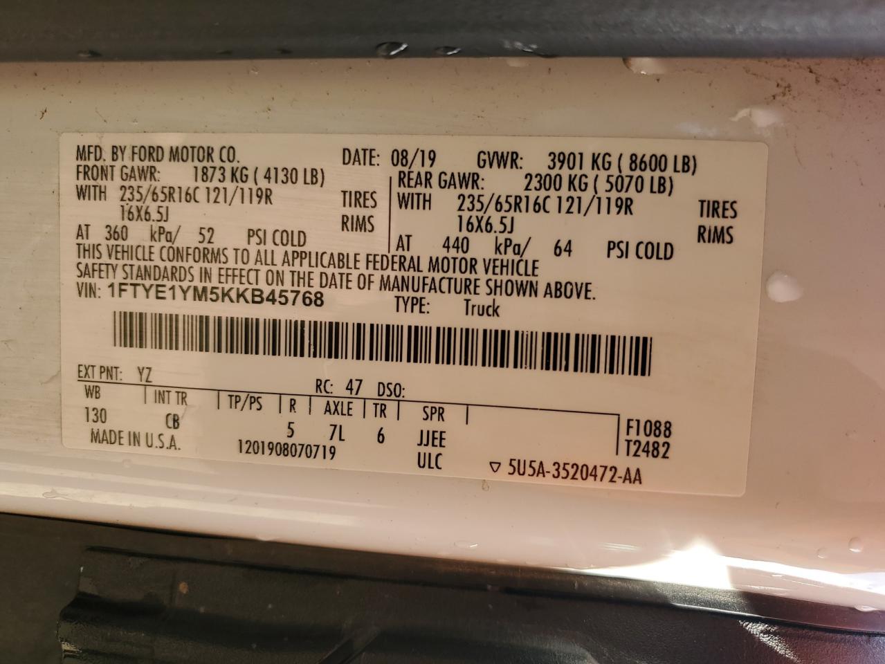 2019 Ford Transit T-150 VIN: 1FTYE1YM5KKB45768 Lot: 89904505