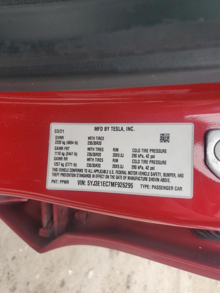 2021 Tesla Model 3 VIN: 5YJ3E1EC7MF926295 Lot: 90698165