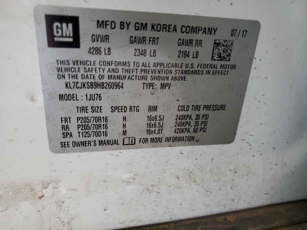 2017 Chevrolet Trax Ls VIN: KL7CJKSB9HB260964 Lot: 87381455