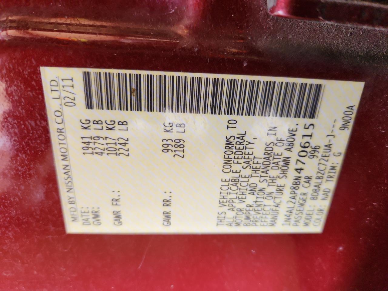 2011 Nissan Altima Base VIN: 1N4AL2AP8BN470615 Lot: 89547655