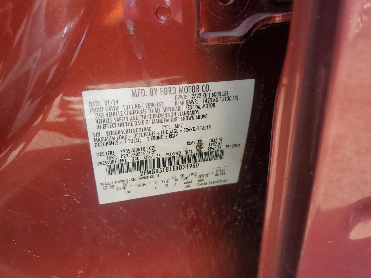 2014 Ford Flex Sel VIN: 2FMGK5C81EBD21960 Lot: 86773415