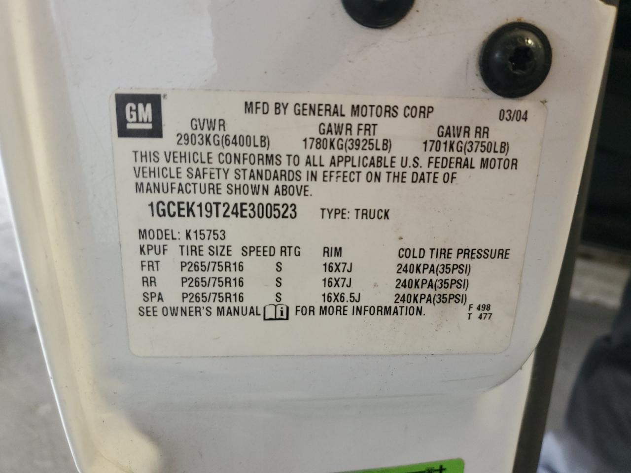 2004 Chevrolet Silverado K1500 VIN: 1GCEK19T24E300523 Lot: 84005935