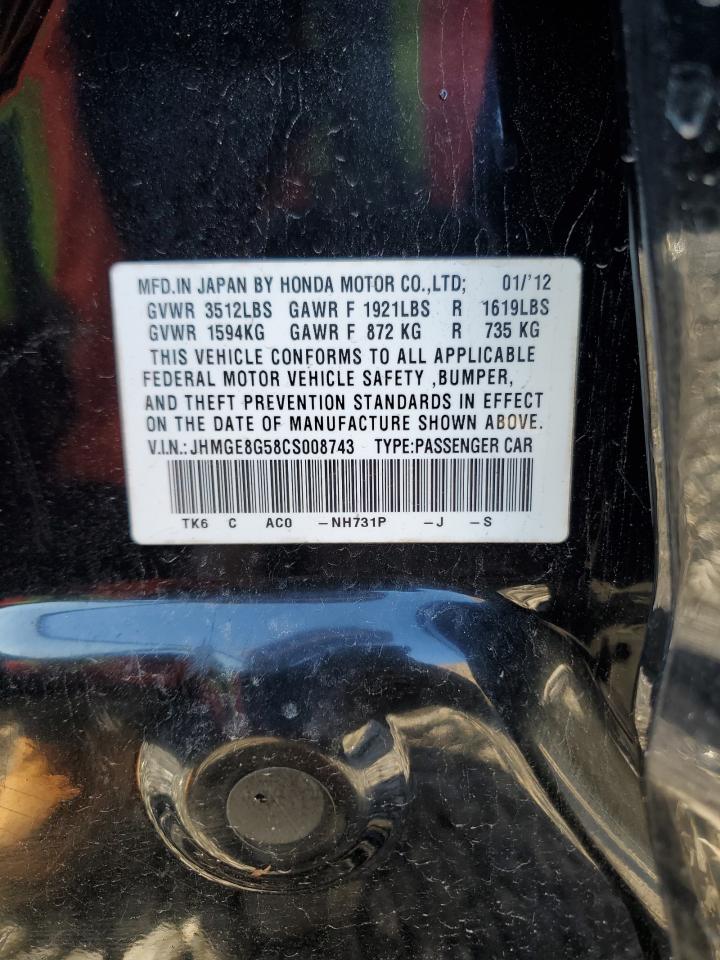 2012 Honda Fit Sport VIN: JHMGE8G58CS008743 Lot: 82281435