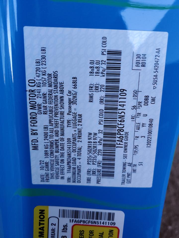 2022 Ford Mustang Gt VIN: 1FA6P8CF6N5141109 Lot: 90122315