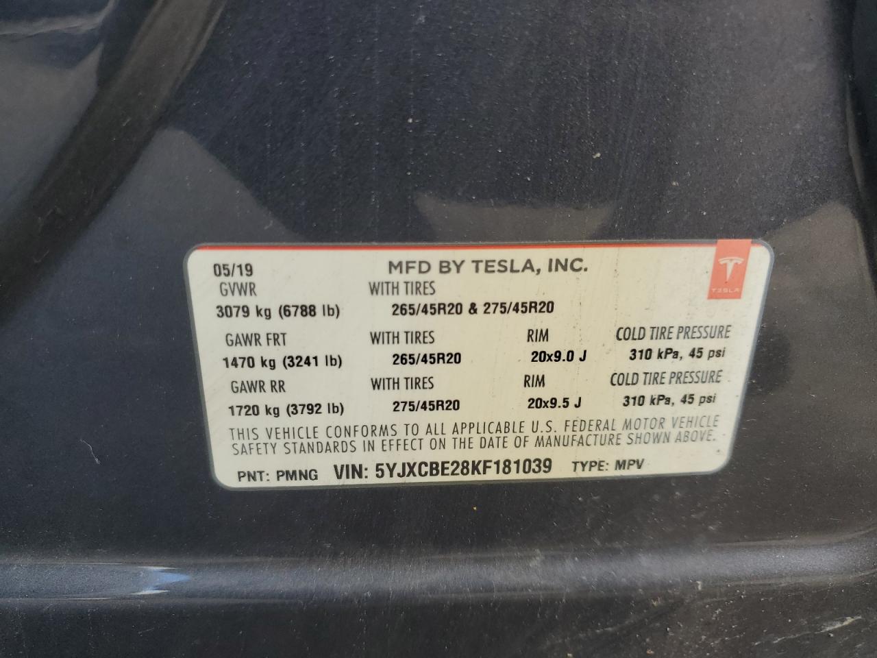 2019 Tesla Model X VIN: 5YJXCBE28KF181039 Lot: 84561745