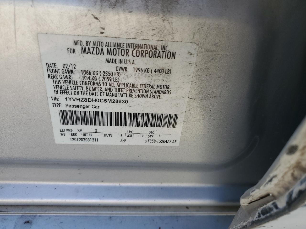 2012 Mazda 6 I VIN: 1YVHZ8DH0C5M28630 Lot: 82347555