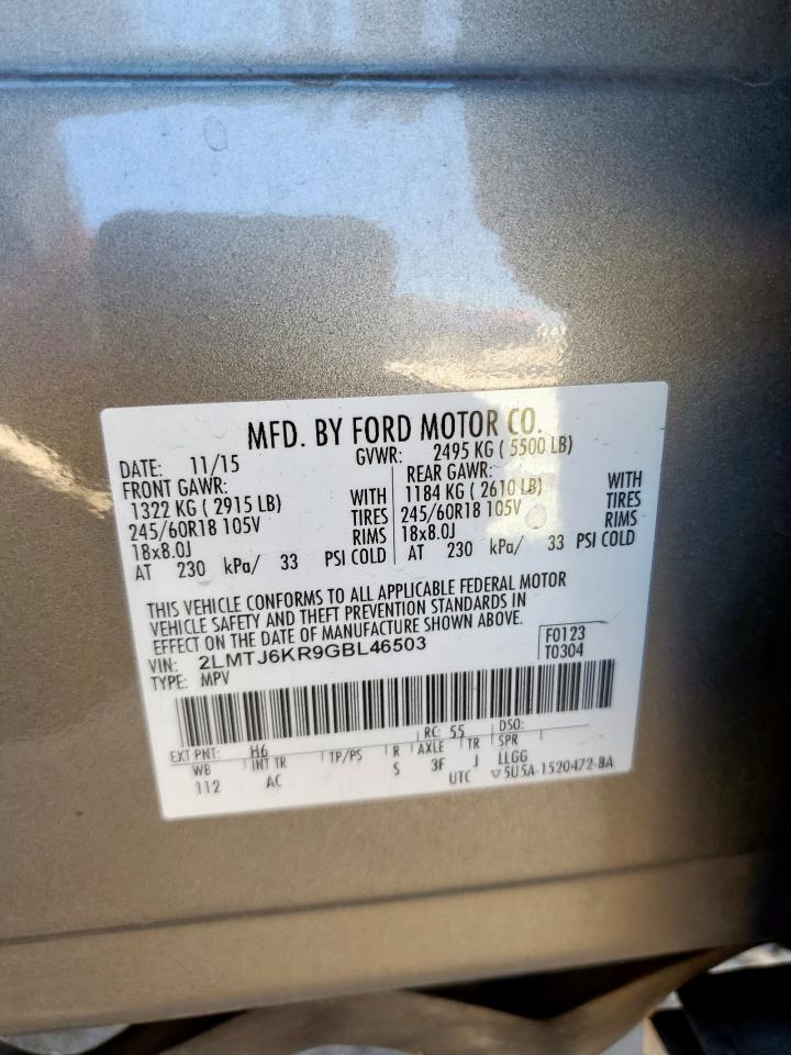 2016 Lincoln Mkx Select VIN: 2LMTJ6KR9GBL46503 Lot: 86237235