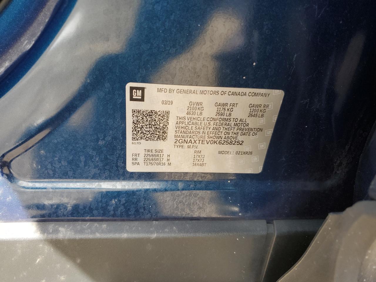 2019 Chevrolet Equinox Lt VIN: 2GNAXTEV0K6258252 Lot: 83815575