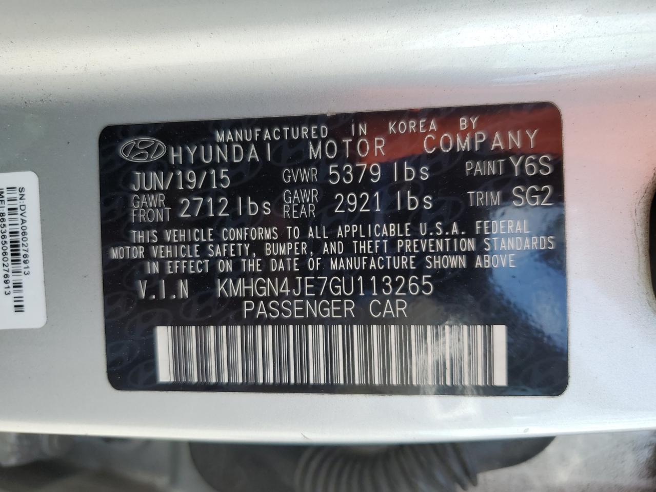 2016 Hyundai Genesis 3.8L VIN: KMHGN4JE7GU113265 Lot: 85691525