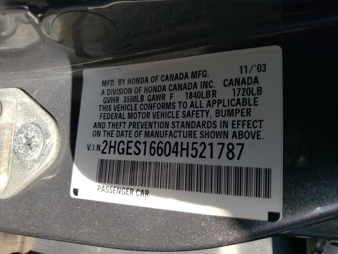 2004 Honda Civic Lx VIN: 2HGES16604H521787 Lot: 86841785