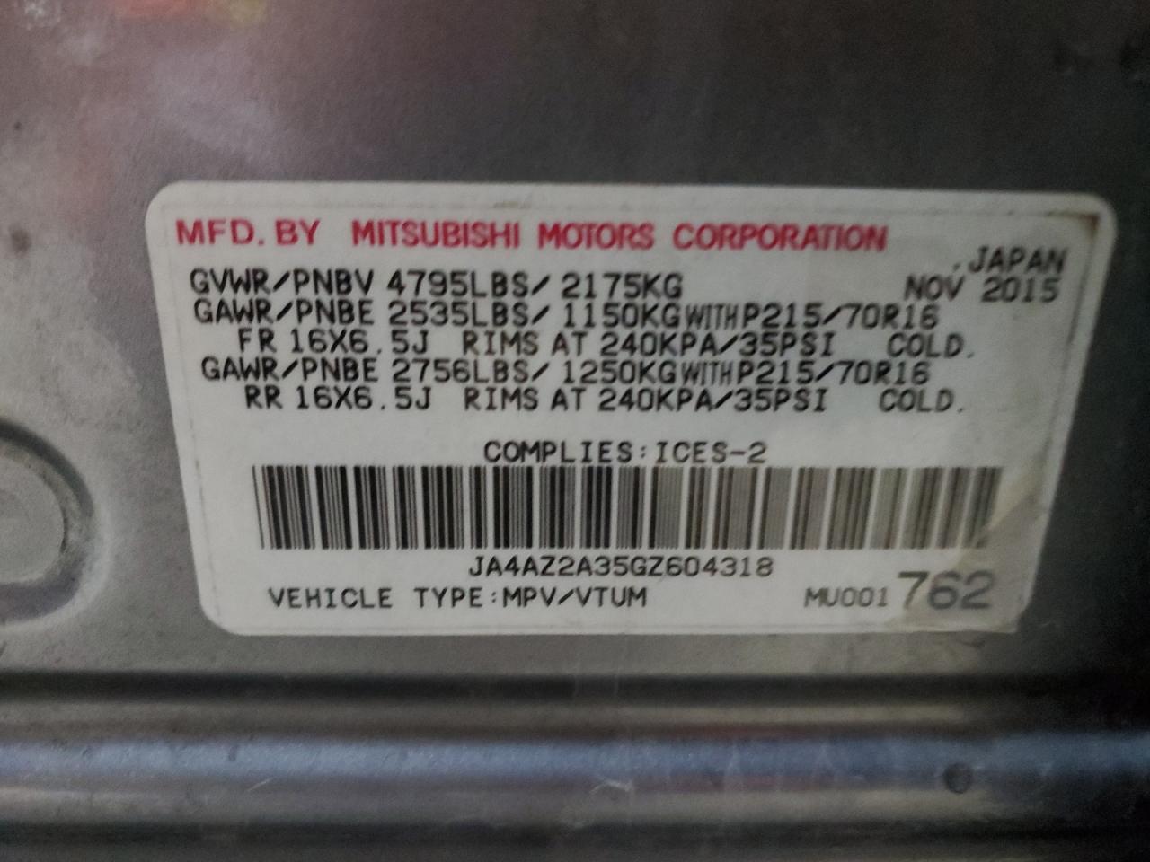 2016 Mitsubishi Outlander Es VIN: JA4AZ2A35GZ604318 Lot: 90719555