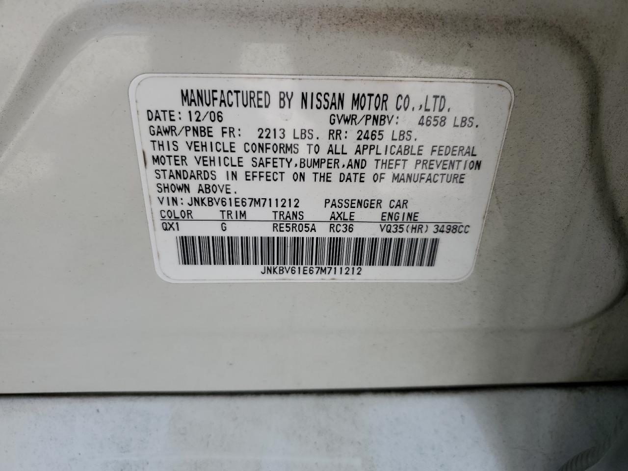 2007 Infiniti G35 VIN: JNKBV61E67M711212 Lot: 81943685