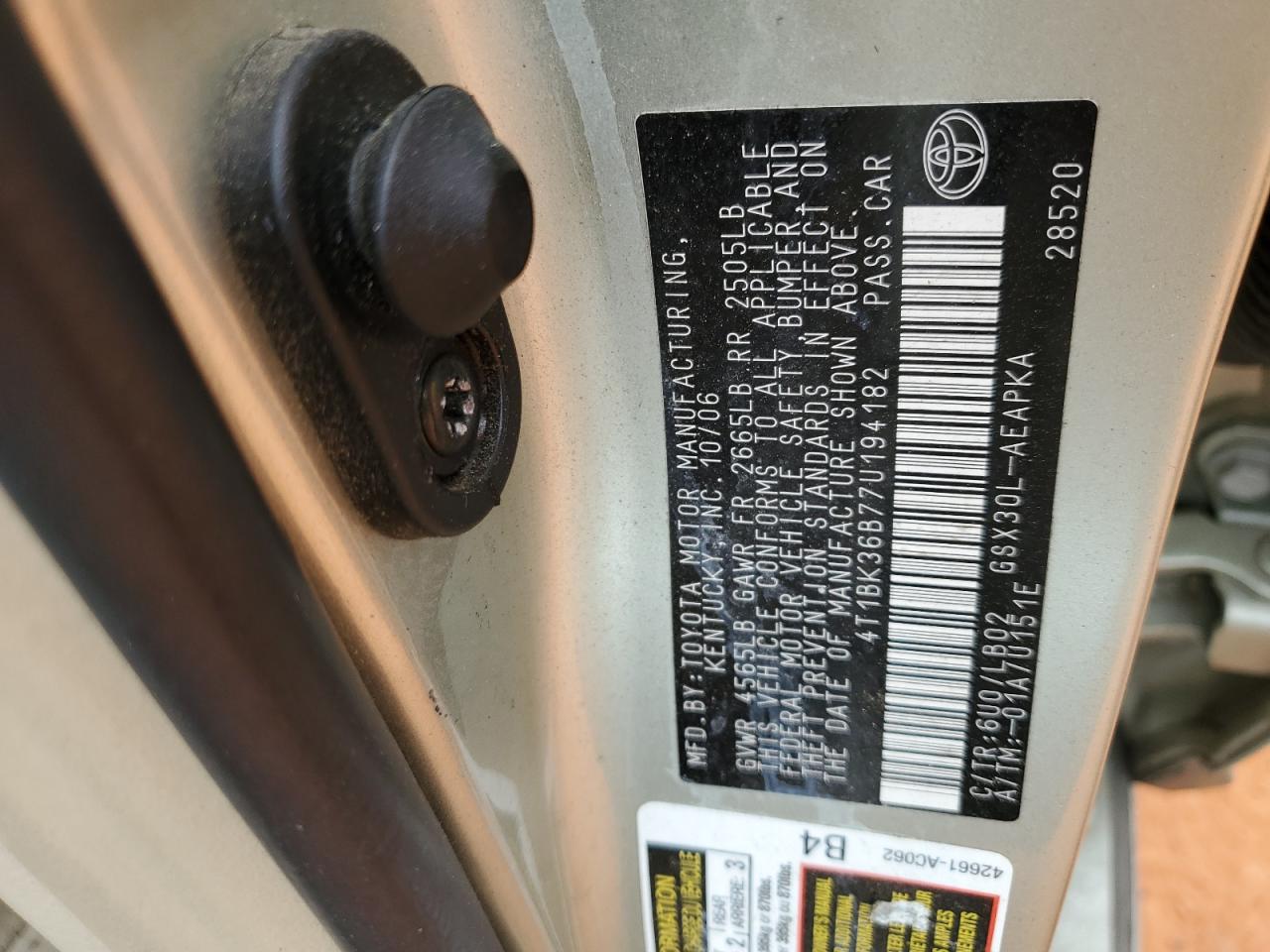 2007 Toyota Avalon Xl VIN: 4T1BK36B77U194182 Lot: 85332565