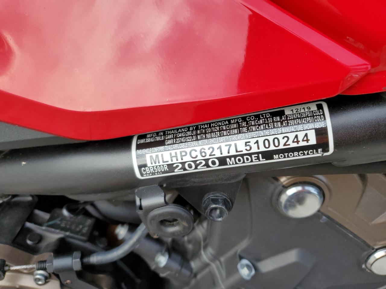 2020 Honda Cbr500 R VIN: MLHPC6217L5100244 Lot: 89649505