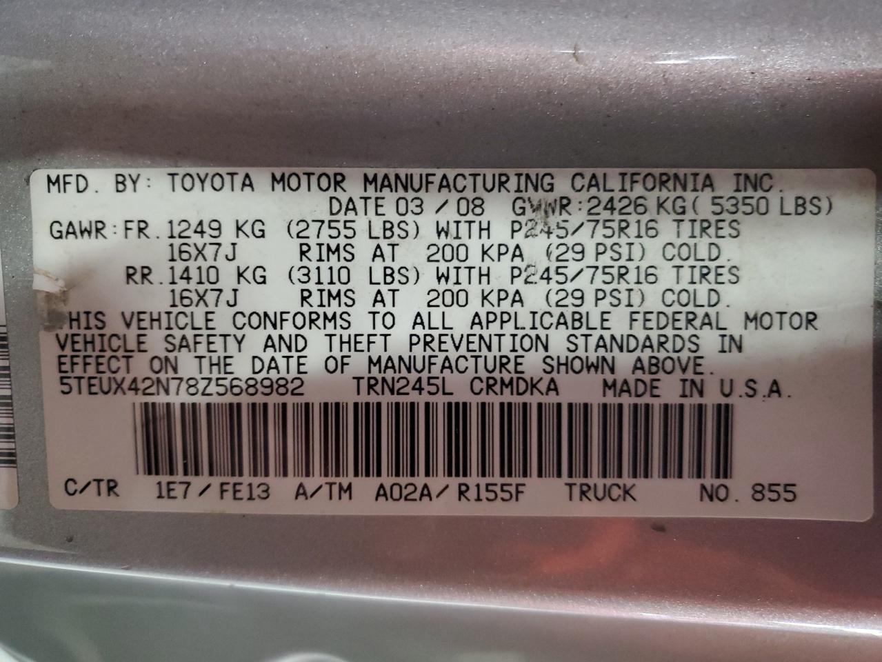2008 Toyota Tacoma Access Cab VIN: 5TEUX42N78Z568982 Lot: 86469205