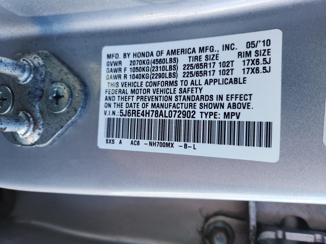 2010 Honda Cr-V Exl VIN: 5J6RE4H78AL072902 Lot: 82212905