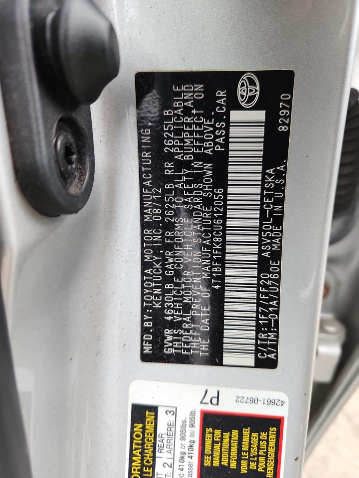 2012 Toyota Camry Base VIN: 4T1BF1FK8CU612056 Lot: 82143635