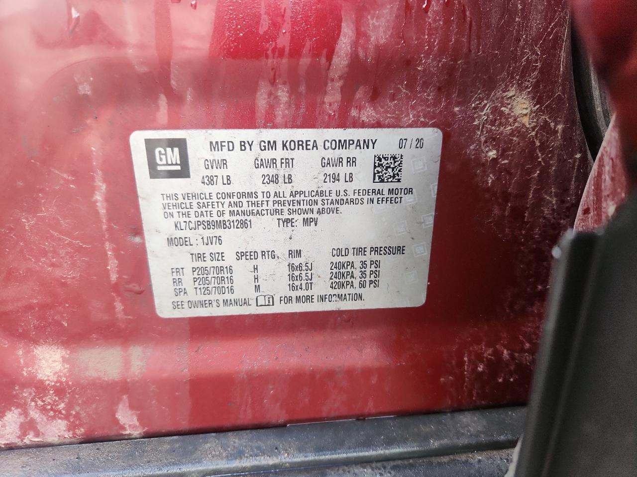 2021 Chevrolet Trax 1Lt VIN: KL7CJPSB9MB312861 Lot: 89645255