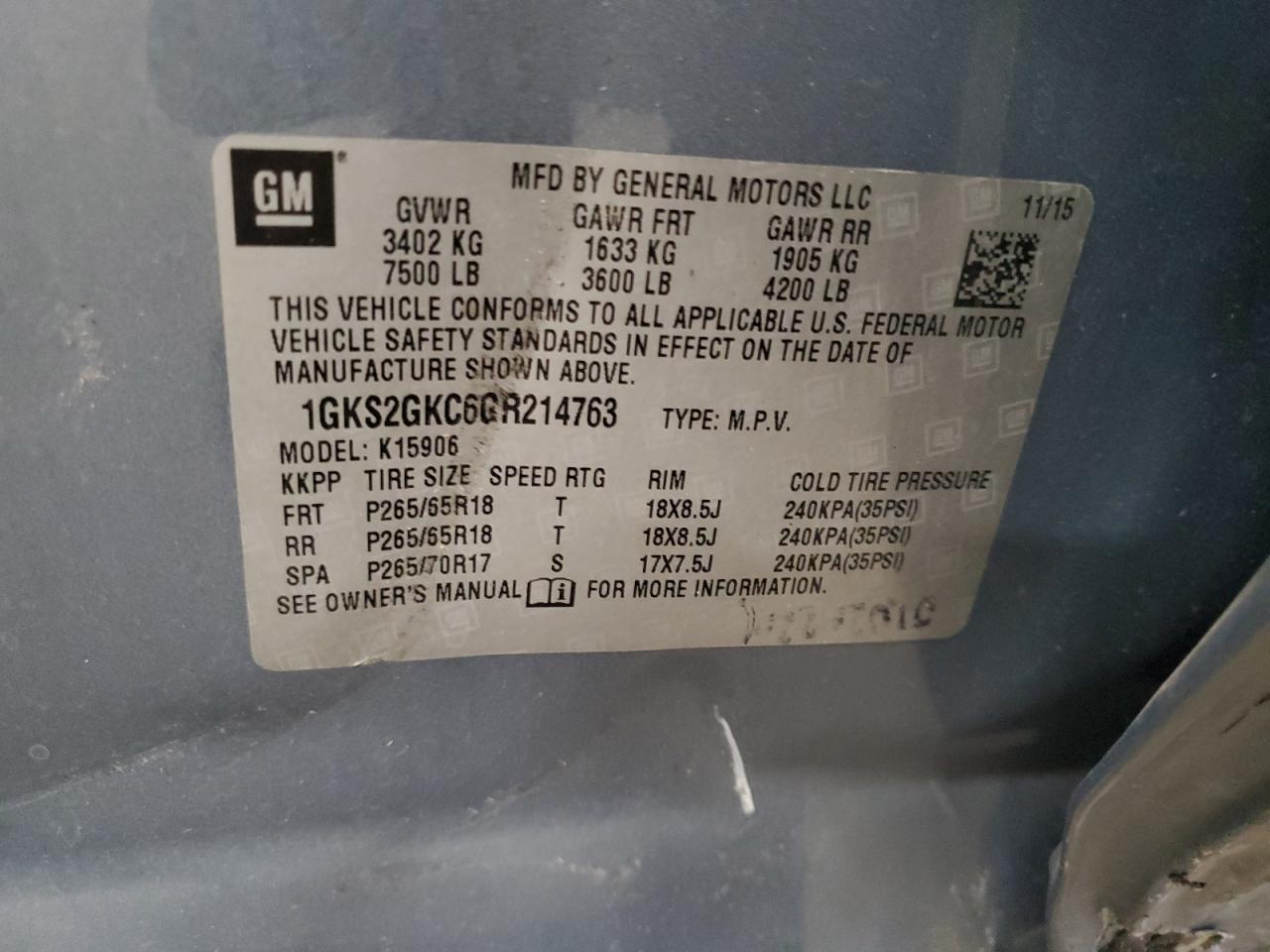 2016 GMC Yukon Xl K1500 Slt VIN: 1GKS2GKC6GR214763 Lot: 82290565