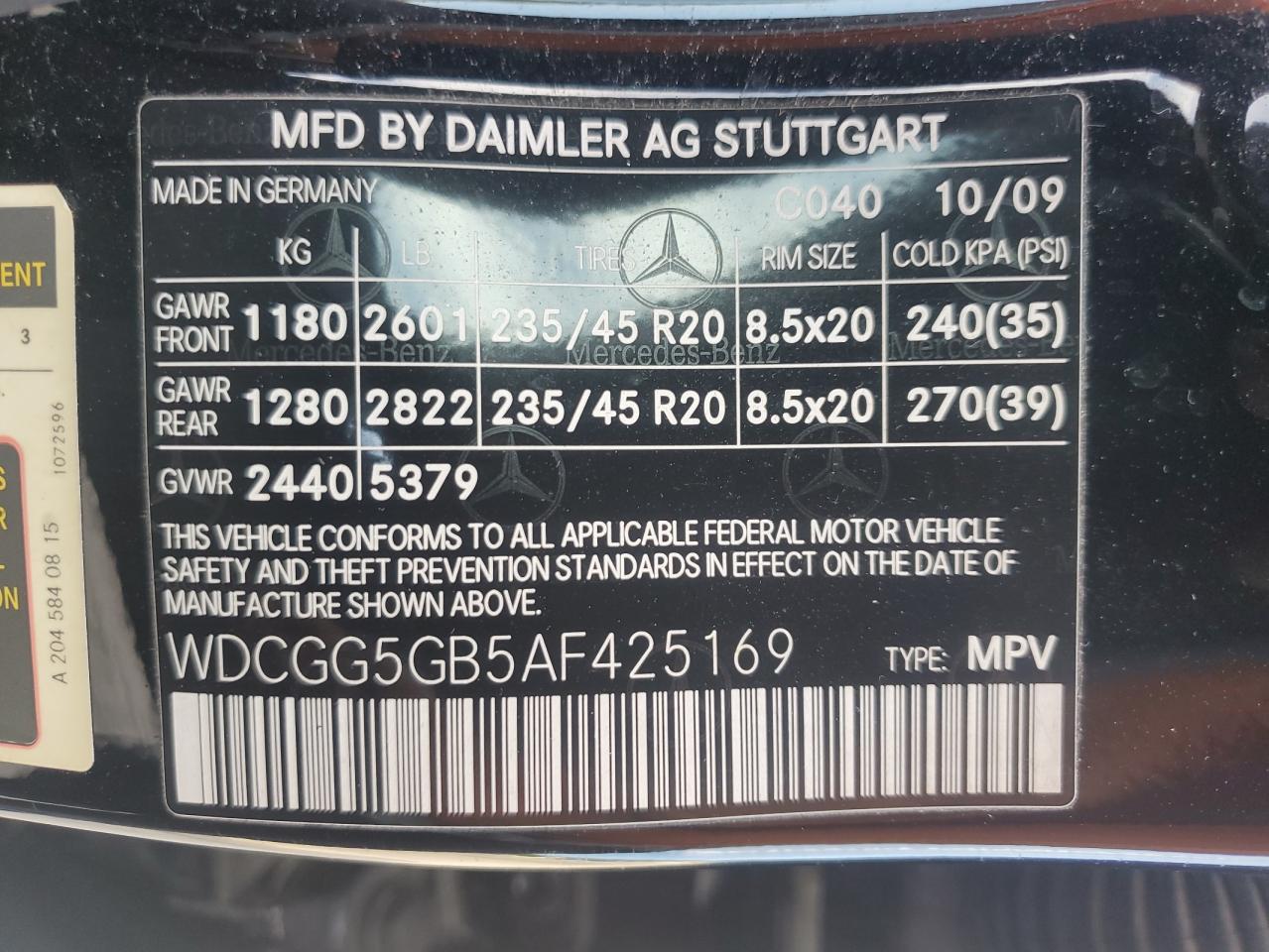 2010 Mercedes-Benz Glk 350 VIN: WDCGG5GB5AF425169 Lot: 85847115